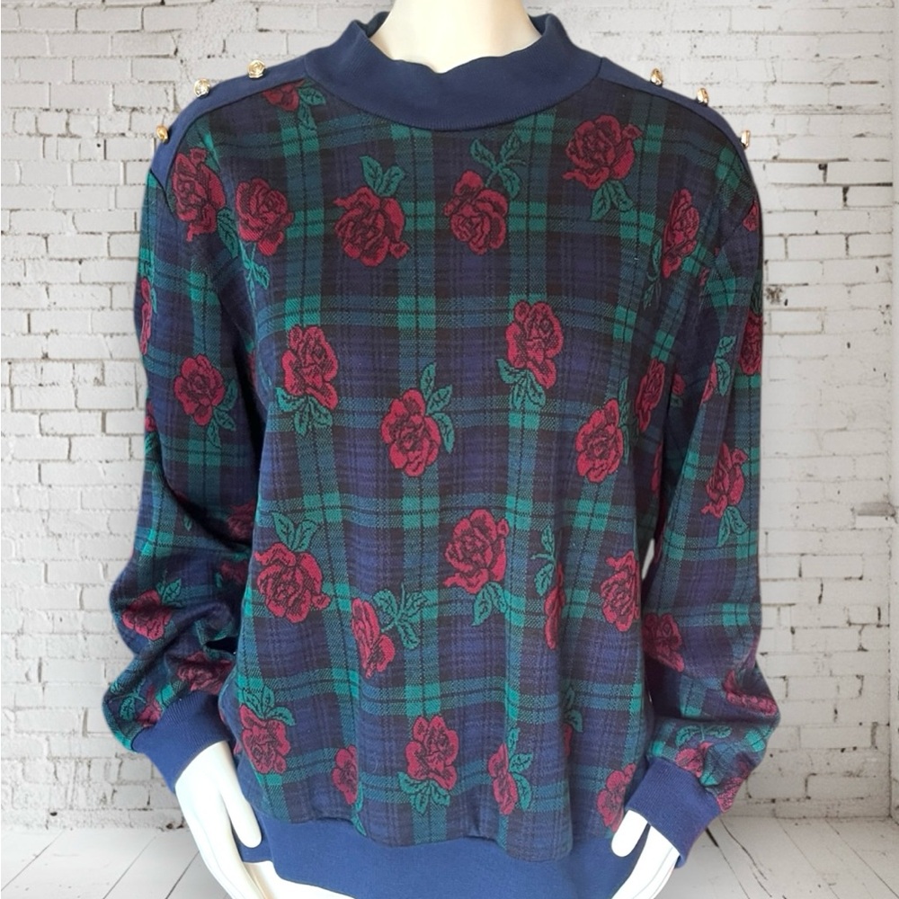 Vintage rose plaid print sweater MADE IN USA